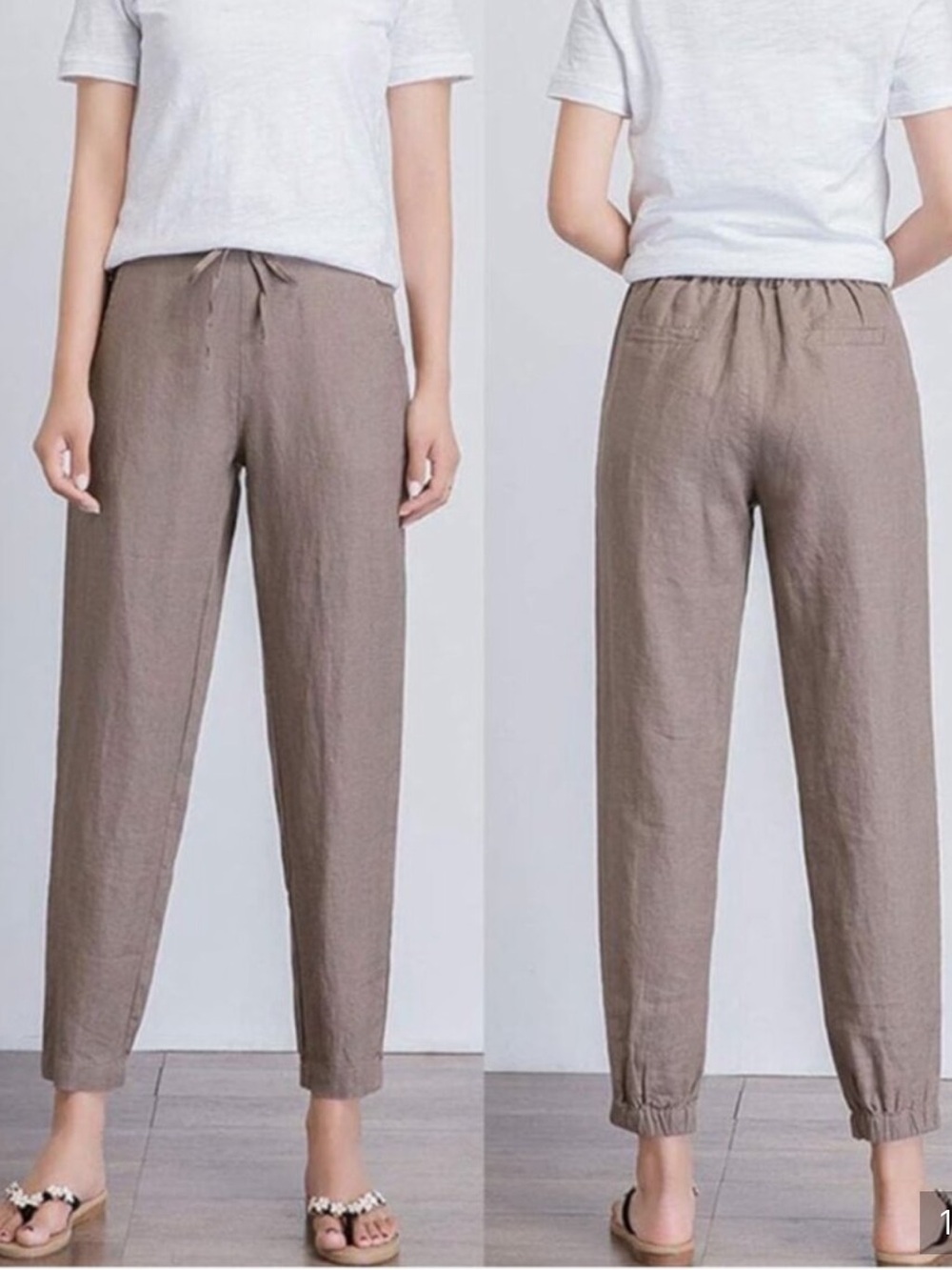 IXIMO Tan 100% Linen Drawstring Jogger Pants  Lagenlook Sz L